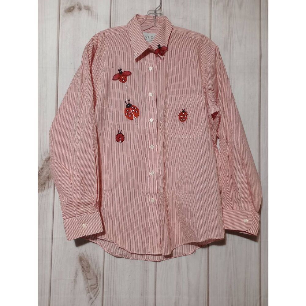 Las Olas Womens Red White Pinstripe Ladybug Embroidered Button Down Shirt Small